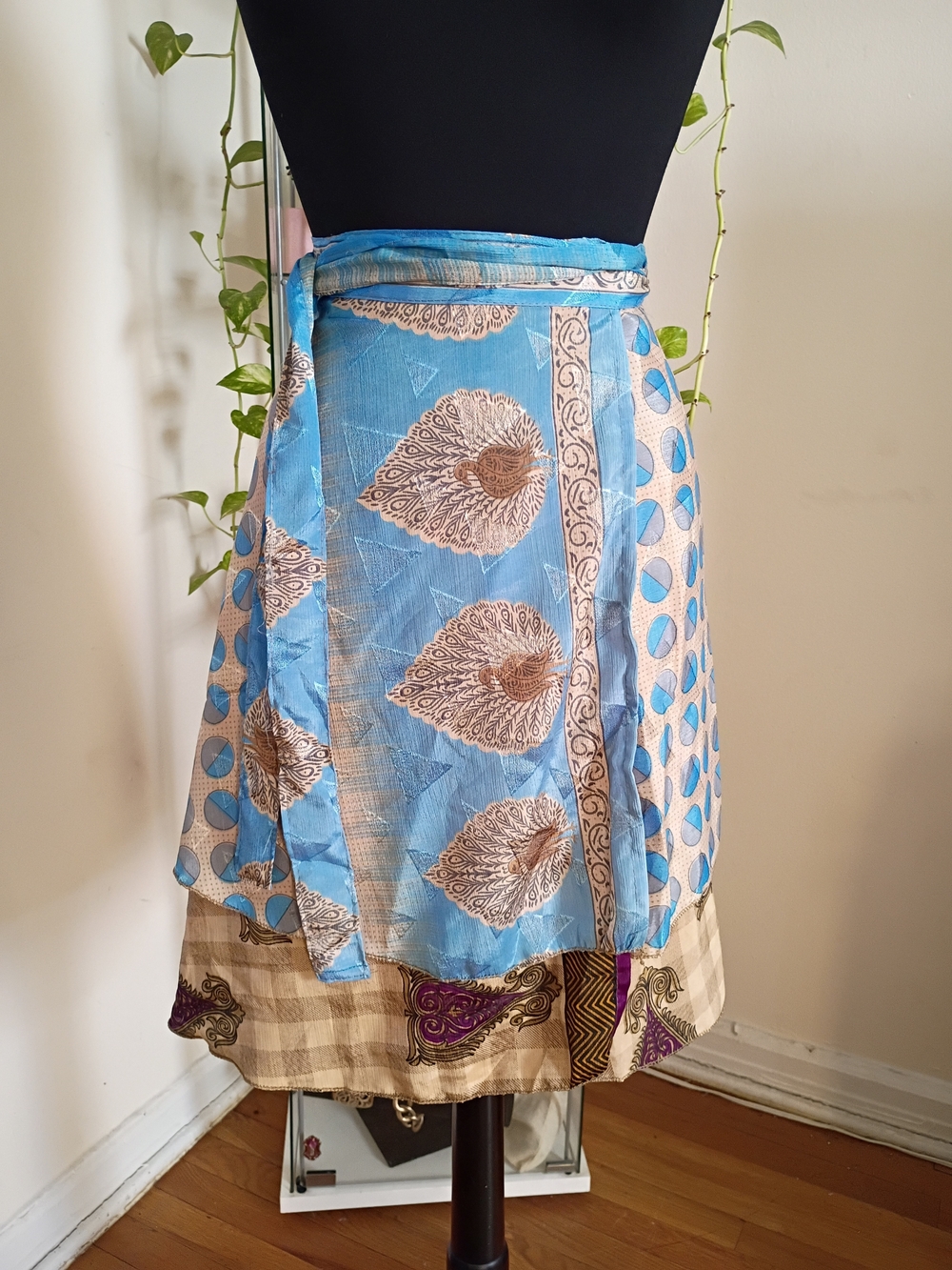 Blue Printed Wrap Skirt with Beige Accents